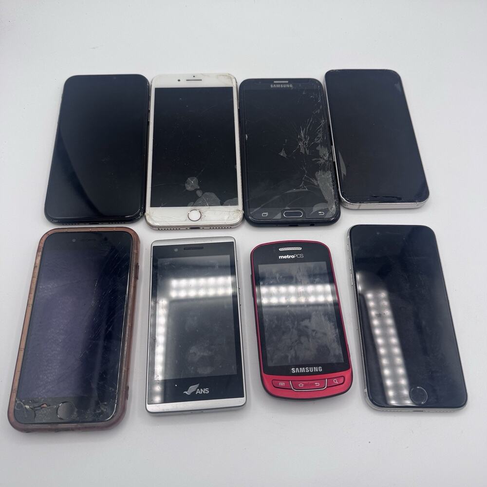 Lot of 8 Broken Cell Phones Apple iPhone Samsung MetroPCS For Parts Repair AS-IS